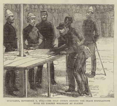 Zululand, 1. september 1879, Zulu-høvdingene underskrev fredsbestemmelserne med Sir Garnet Wolseley i Ulundi af English School